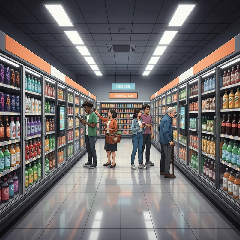 A wide shot of a brightly lit convenience store beverage aisle in 2026, featuring diverse drink options from energy drinks and sparkling waters to uni