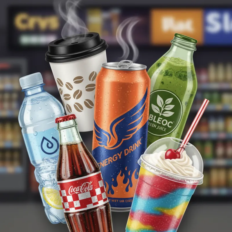 A collage of various popular gas station drinks categories: a vibrant energy drink, a clear bottle of electrolyte water, a steaming coffee cup, a clas