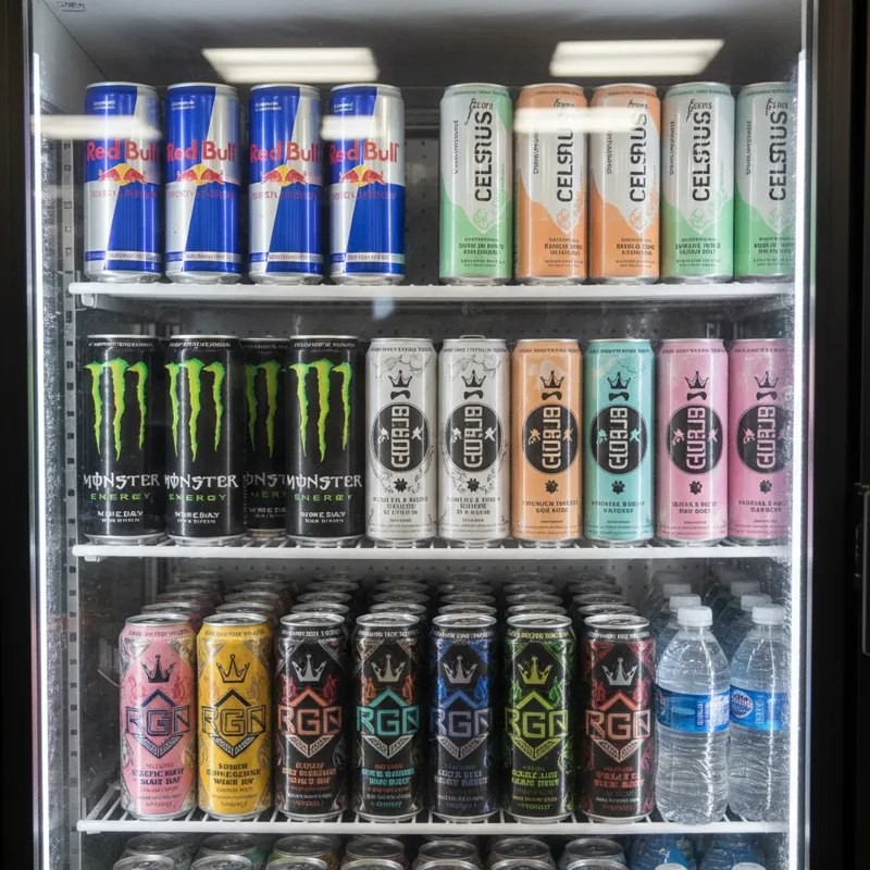 A display of popular energy drinks like Red Bull, Monster, Celsius, and Reign, with vibrant branding, in a gas station cooler.