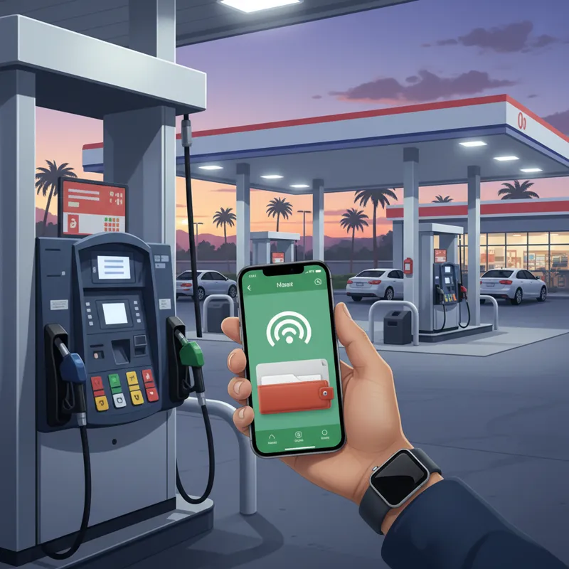 A modern gas station pump with an NFC symbol clearly visible on the payment terminal, an iPhone or Apple Watch being held up to tap and pay. The backg