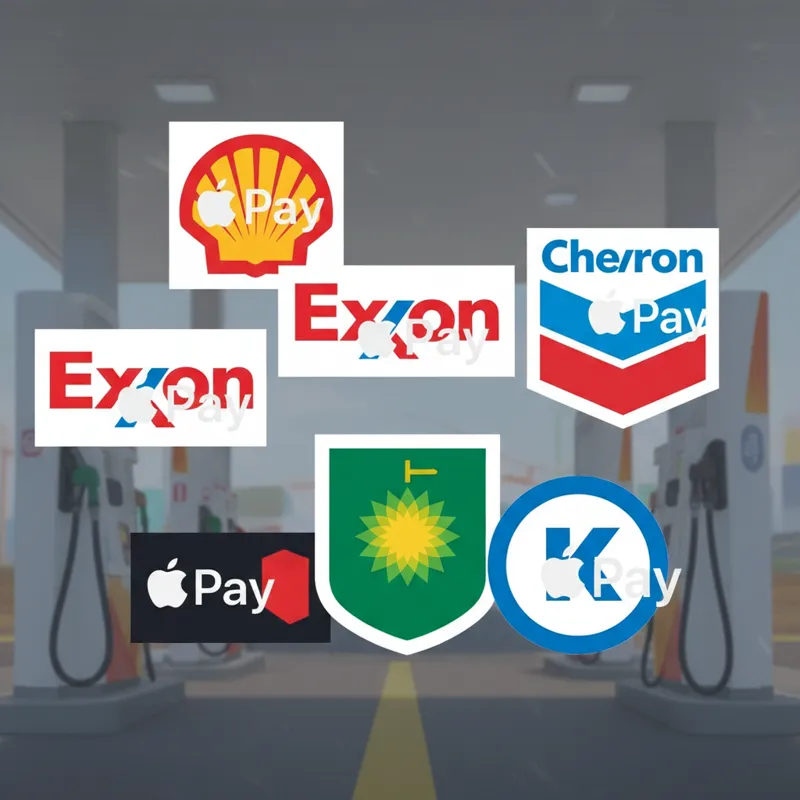 A collage of logos of major US gas station brands like Shell, Chevron, ExxonMobil, BP, Circle K, each with an Apple Pay logo superimposed, indicating