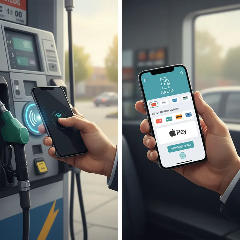 A split image showing two scenarios: one hand tapping an iPhone directly on a pump's NFC reader, and another hand holding an iPhone open to a gas stat