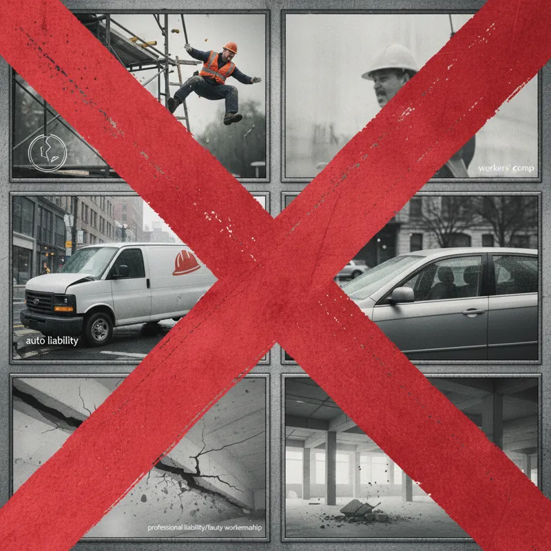 A stark visual of a red'X' over various construction-related scenarios, like a worker falling from scaffolding (workers' comp), a company van in a fe