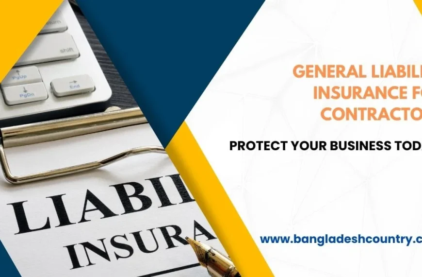 A document on a clipboard partially showing 'LIABILITY INSURANCE' with a pen and a computer keyboard in the background. The image features overlaid text: 'GENERAL LIABILITY INSURANCE FOR CONTRACTORS', 'PROTECT YOUR BUSINESS TODAY!', and the website 'www.bangladeshcountry.com'.