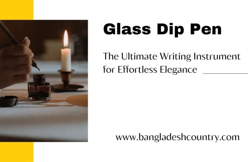 A hand dips a glass dip pen into a square inkwell, illuminated by a flickering candle, promoting 'Glass Dip Pen: The Ultimate Writing Instrument for Effortless Elegance'.