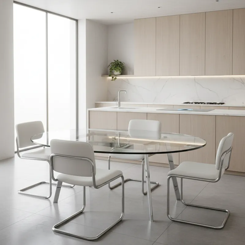 A bright, modern kitchen in 2026 with a sleek glass kitchen table as its centerpiece. The table reflects ambient light, making the space feel larger a