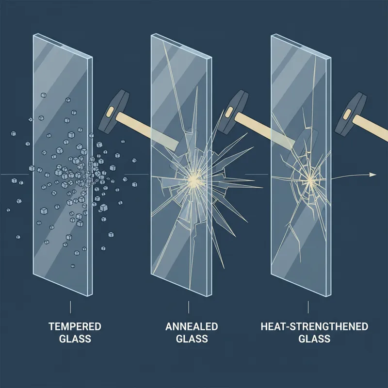 A close-up, cross-section view illustrating the different types of glass used for tabletops: tempered, annealed, and heat-strengthened. Show a visual