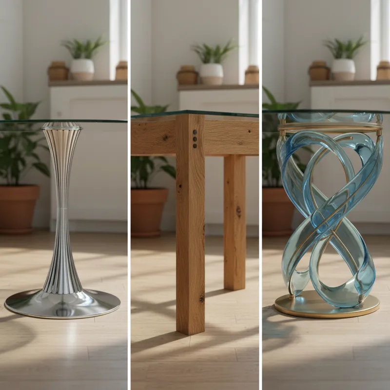 A diverse collage showcasing various glass kitchen table bases: one with a minimalist metal pedestal, another with sturdy wooden legs, and a third wit