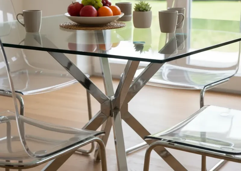 Modern glass kitchen table with a clear tempered glass top and chrome legs, surrounded by stylish dining chairs in a bright, contemporary kitchen.