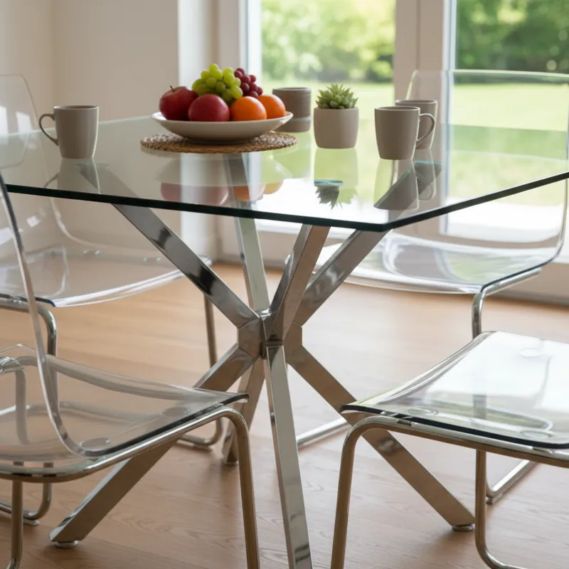Modern glass kitchen table with a clear tempered glass top and chrome legs, surrounded by stylish dining chairs in a bright, contemporary kitchen.