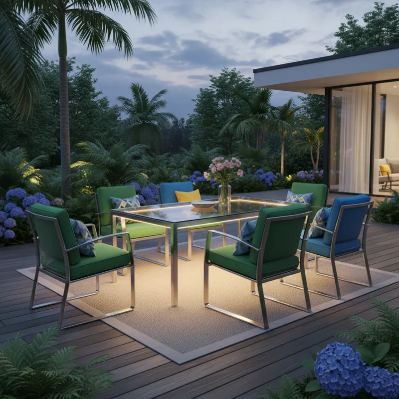 A contemporary glass patio set on a spacious deck, with comfortable chairs, vibrant throw pillows, and subtle lighting. The glass table top is clean a