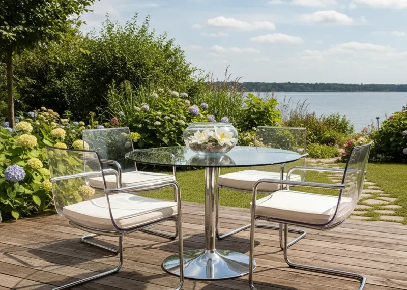 Modern glass patio dining set with a clear rectangular tabletop and matching chairs, suitable for outdoor entertaining on a deck or garden.