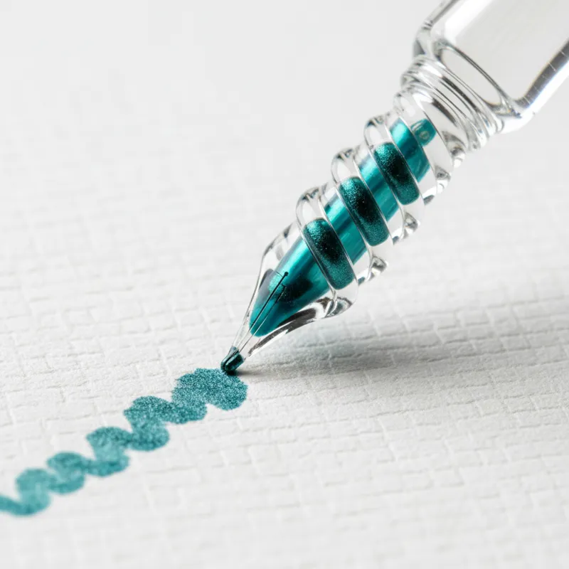 Macro photography shot of a glass pen nib tip, showing deep spiral grooves filled with iridescent teal ink. The focus is sharp on the glass ridges, il