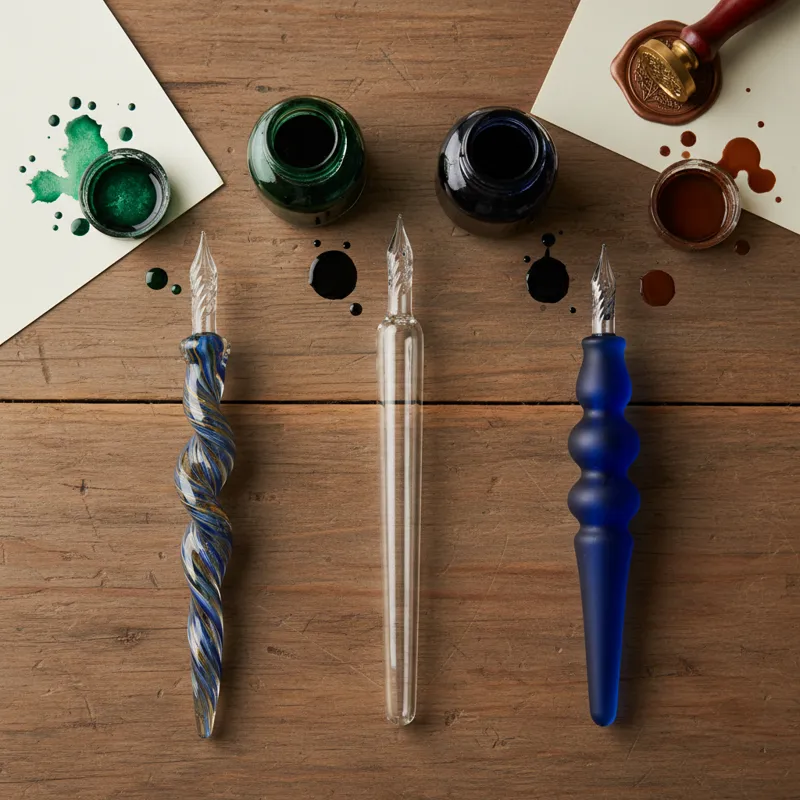A flat-lay comparison of three different glass pens on a wooden desk. One is a vintage Murano style with intricate handles, one is a modern minimalist