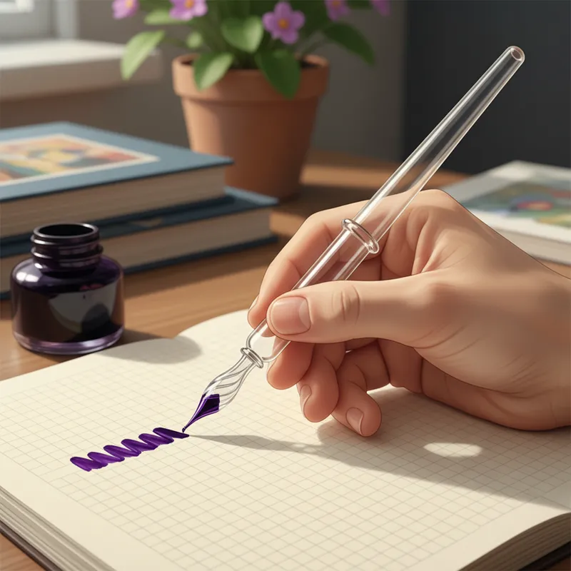 A close-up side view of a hand holding a glass pen at a 45-degree angle. The hand is relaxed. The pen tip is touching a dotted notebook page, leaving