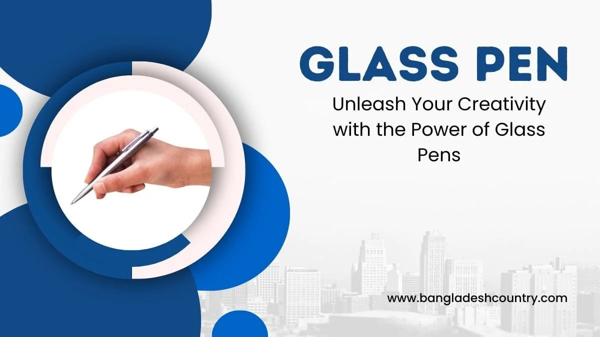 Glass Pen promotional graphic featuring a hand writing and text Unleash Your Creativity with the Power of Glass Pens against a city skyline background.