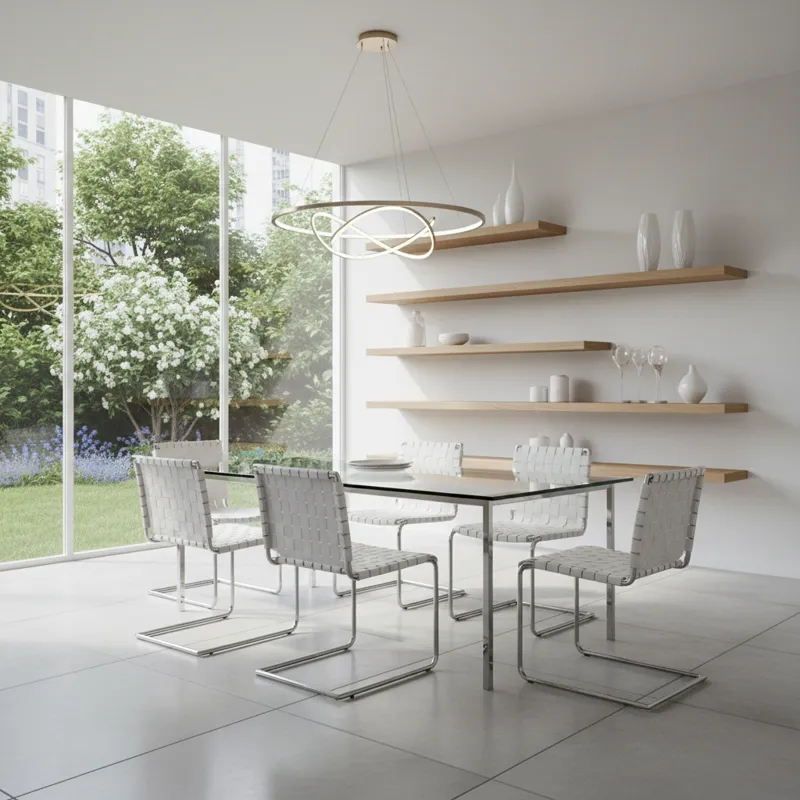 A bright, modern dining room featuring a sleek glass table for 6 with contemporary chairs, allowing light to flow through the space.