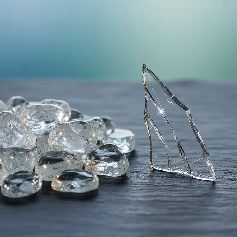 Close-up comparison of a tempered glass shard (small, blunt pieces) next to a sharp, large shard of annealed glass, clearly illustrating the safety di