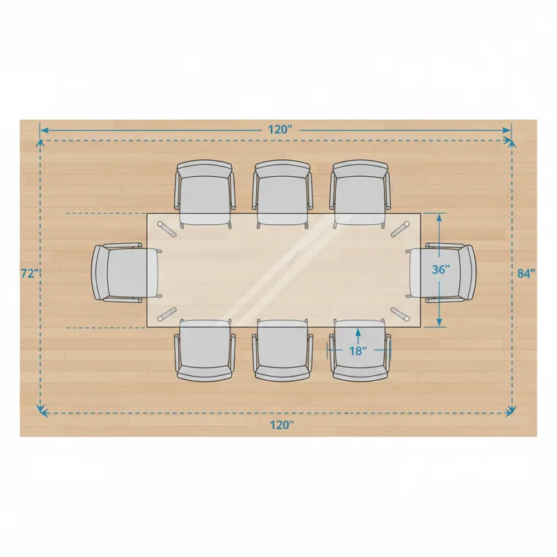 An overhead diagram illustrating the recommended dimensions for a rectangular glass dining table for 6, including chair placement and necessary cleara