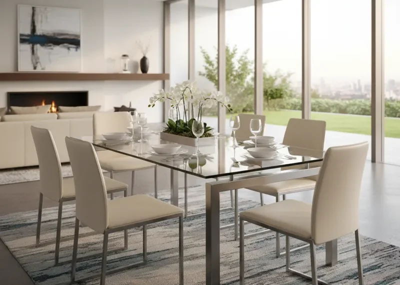 Modern clear glass dining table with seating for six people, featuring a contemporary design.