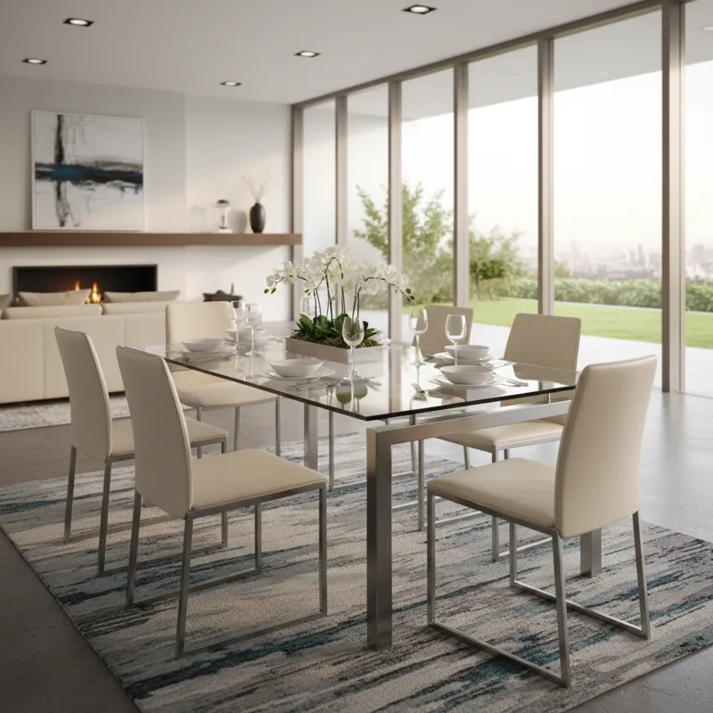 Modern clear glass dining table with seating for six people, featuring a contemporary design.