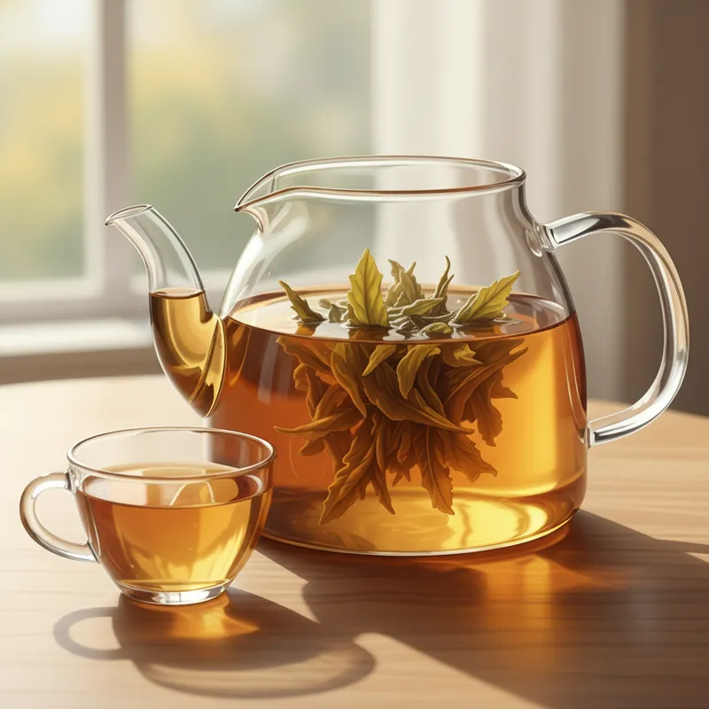 A beautiful, modern glass tea pot filled with a golden oolong tea, sitting on a light wooden table next to a small teacup. The tea leaves are visibly