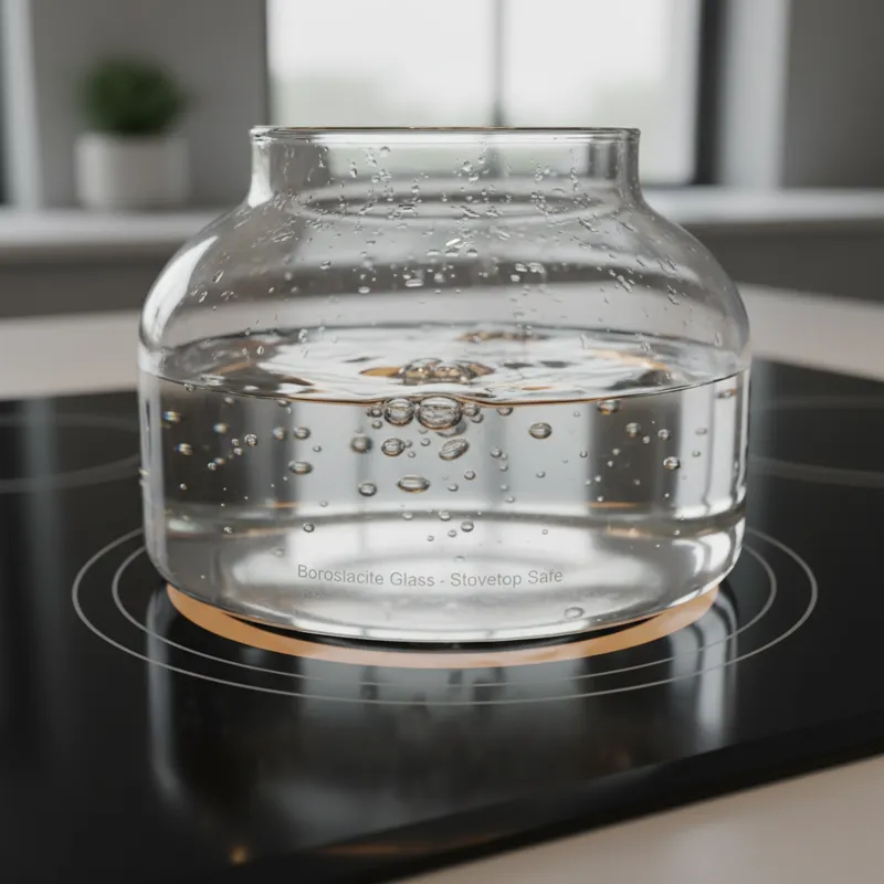A close-up shot showing the bottom of a clear glass teapot sitting on a flat, black electric stovetop. A small label or etching on the glass reads