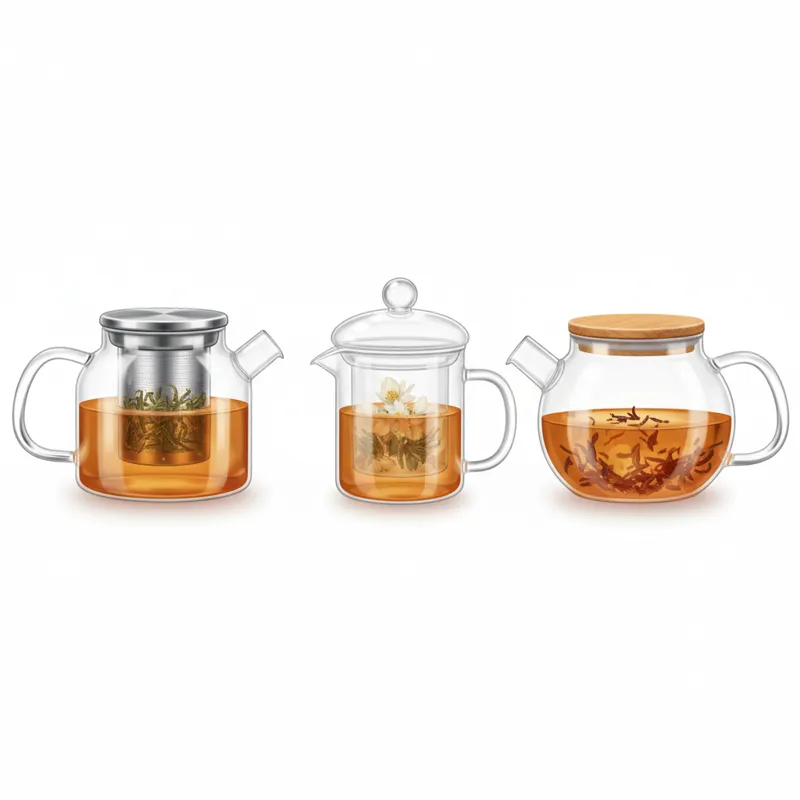A lineup of three different glass teapots on a clean white background. One has a stainless steel infuser, another has a glass infuser, and the third h