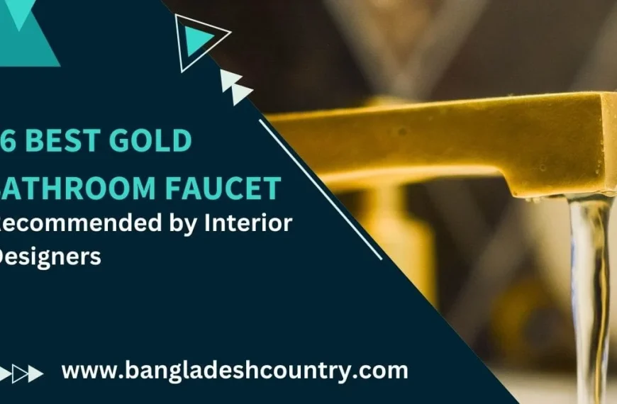 Close-up of a modern gold bathroom faucet with water flowing. Overlaid text reads '16 BEST GOLD BATHROOM FAUCET Recommended by Interior Designers'.