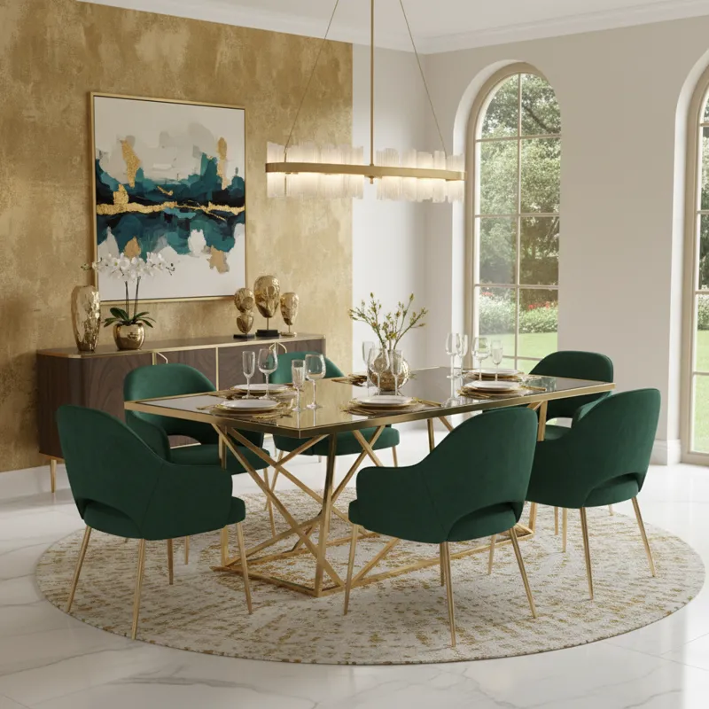 A stunning modern dining room featuring a gold dining table set for 6. The table has a sleek, rectangular glass top supported by a geometric gold base