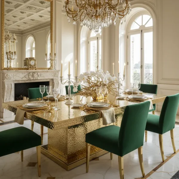 Luxurious gold dining table set for 6, featuring a modern design with sleek chairs and a polished finish, ideal for elegant dining rooms.