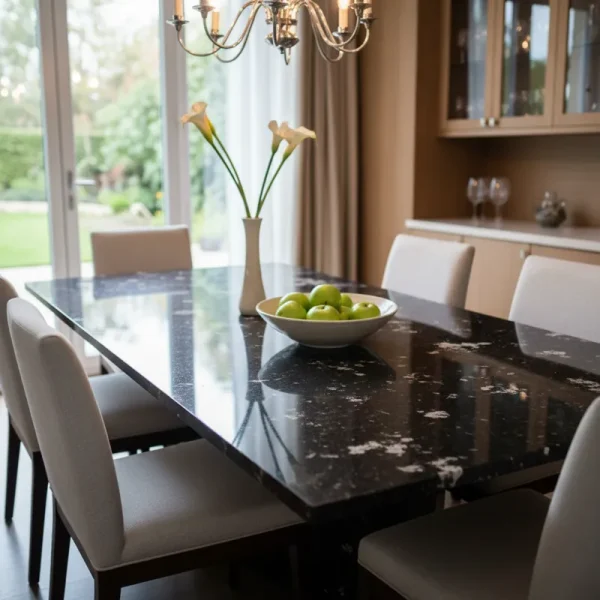 Elegant polished grey granite dining room table with six modern upholstered chairs in a bright, contemporary dining space.