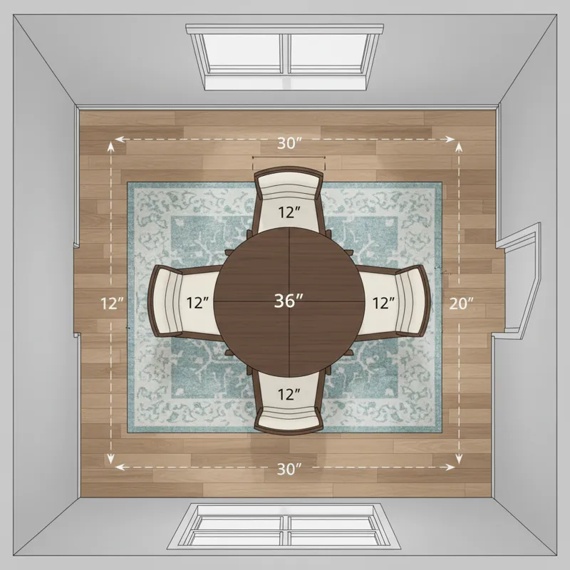A detailed architectural drawing or rendering illustrating the ideal spacing requirements around a 5 piece dining set in a compact dining area. Show d