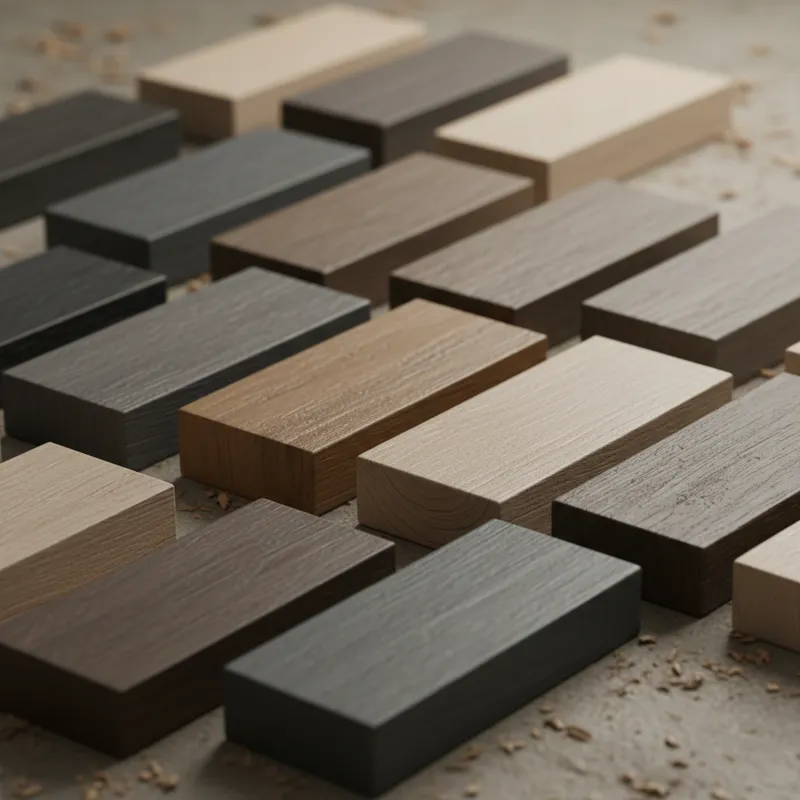 A close-up showing different wood samples with varying shades of gray and brown finishes, illustrating the diverse combinations possible.