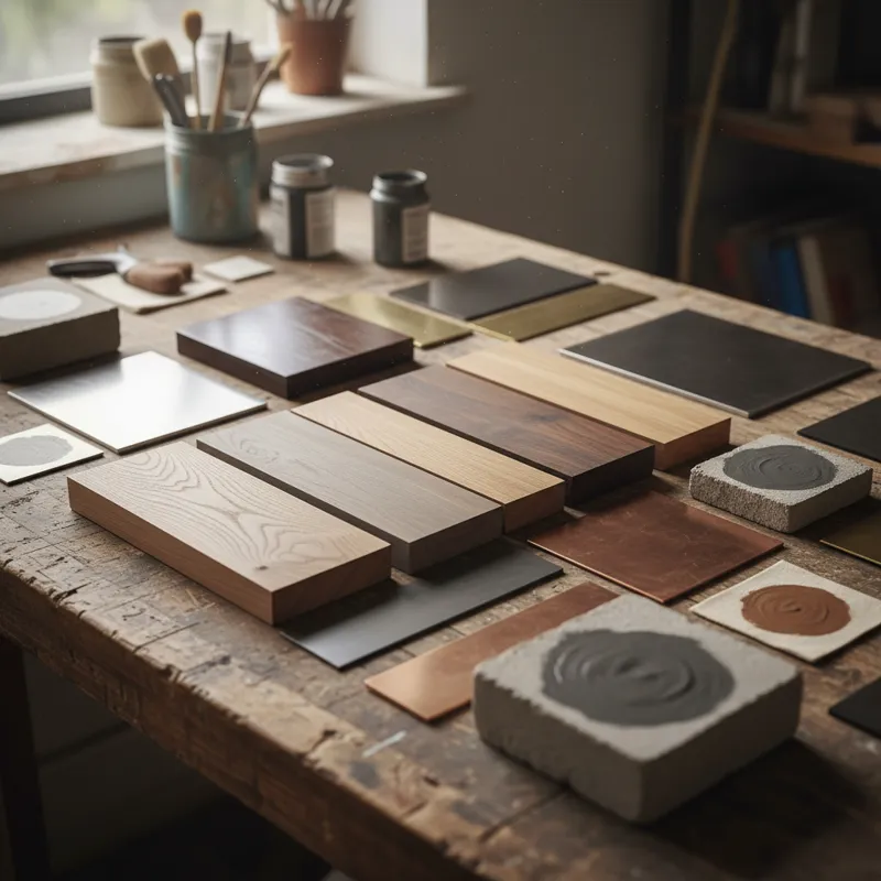 A display of different material swatches, including various wood grains, metal finishes, and samples of gray and brown stains or paints, emphasizing m