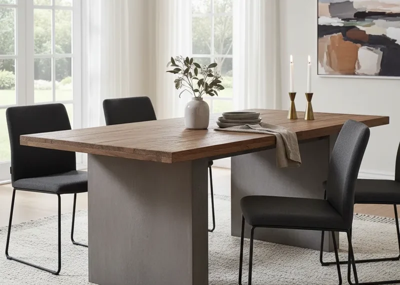 Modern dining table with a gray wooden top and brown metal base, designed for a contemporary dining room.