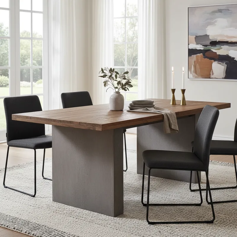 Modern dining table with a gray wooden top and brown metal base, designed for a contemporary dining room.