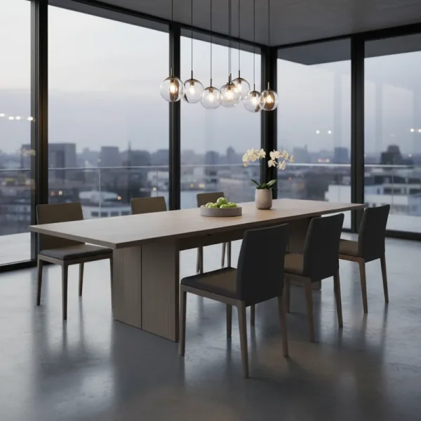 Modern gray extendable dining table with a sleek, minimalist design, shown in a contemporary dining room setting.