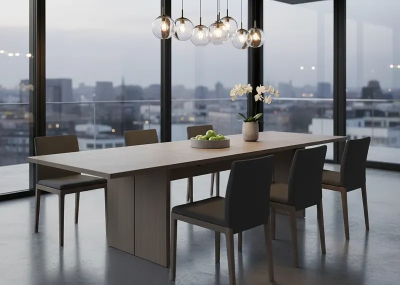 Modern gray extendable dining table with a sleek, minimalist design, shown in a contemporary dining room setting.