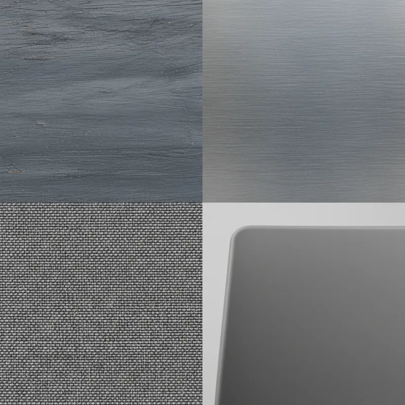 A detailed close-up shot of different chair materials: a section of gray painted wood, a piece of brushed gray metal, a swatch of durable gray upholst