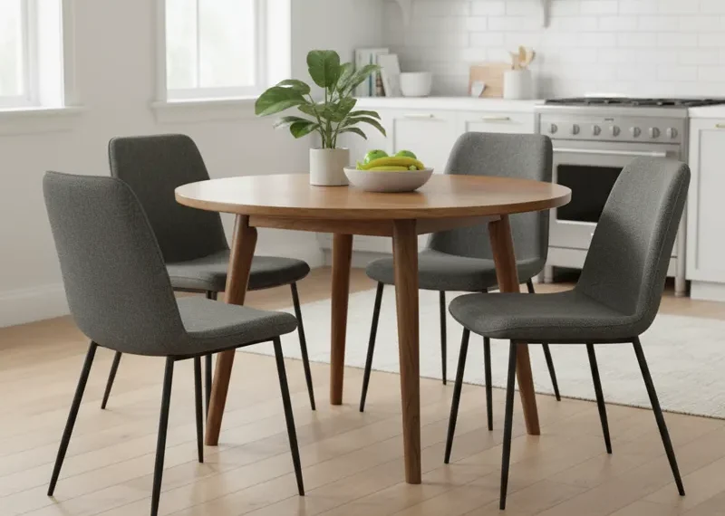 Modern gray upholstered kitchen table chairs with wooden legs around a light wood dining table in a bright kitchen.