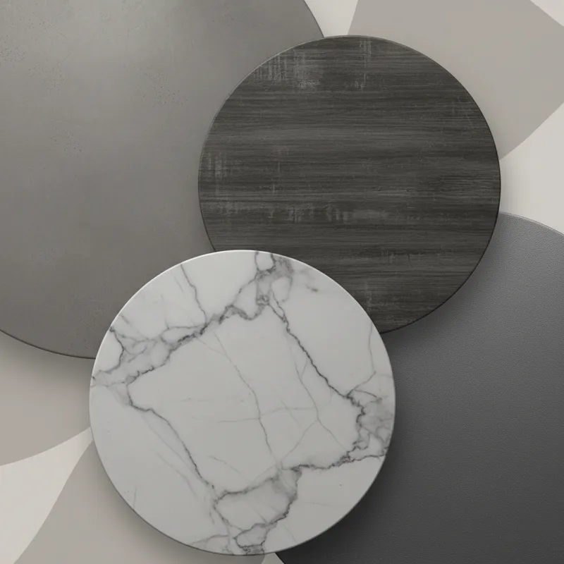 A collage of close-up textures and finishes for gray round tables, showing various materials like polished concrete, dark wood with a gray wash, marbl