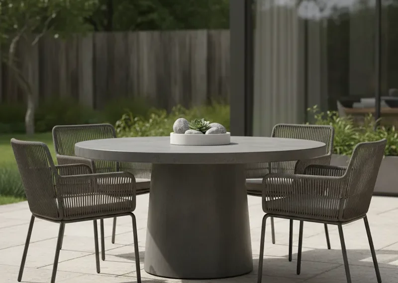 Modern gray round dining table with a minimalist design, suitable for contemporary kitchen or dining room settings.