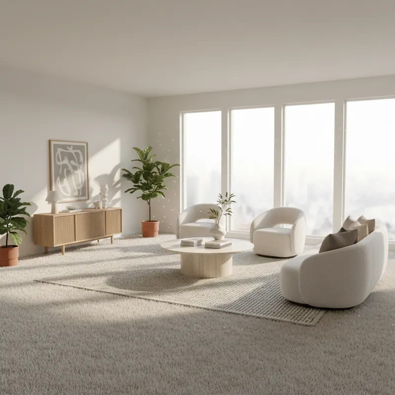 A wide shot of a contemporary living room with soft, light greige carpet, showing natural light streaming in and modern, comfortable furniture. The ov