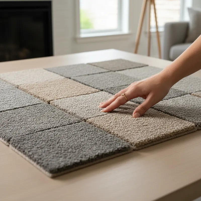 A close-up shot of various greige carpet samples under different lighting conditions, highlighting the subtle variations in grey and beige undertones.