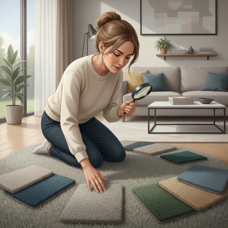 A homeowner kneeling on a greige carpet, carefully examining the texture and pile type, with various carpet samples laid out nearby. The setting is a