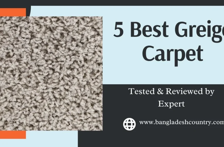 A graphic promoting '5 Best Greige Carpet,' featuring a close-up texture of a light greige carpet swatch on the left. Text on the right reads '5 Best Greige Carpet' in large dark letters, and 'Tested & Reviewed by Expert' with 'www.bangladeshcountry.com' in white letters. The background is composed of light blue, dark grey, and an orange L-shaped design.