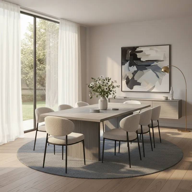 A stylish dining room featuring a light grey wash wood dining table, surrounded by modern upholstered chairs, with natural light streaming in from a l
