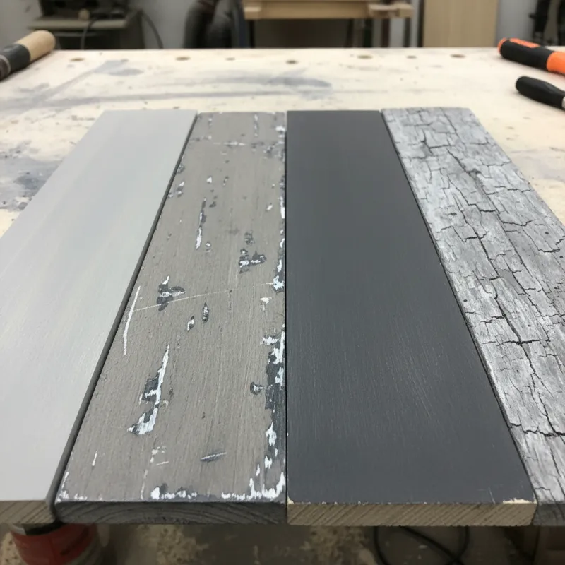 A close-up shot of different wood samples demonstrating various grey finishes: light grey wash, distressed grey, dark charcoal grey, and weathered gre