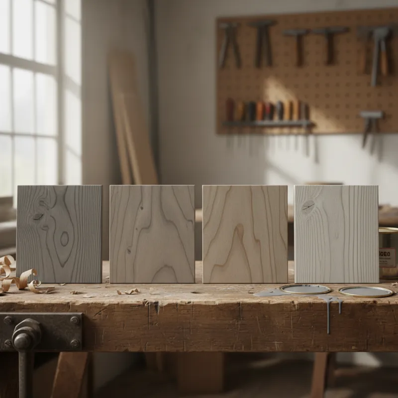 A collection of wood samples, each stained with a different grey finish, displaying the unique grain patterns of oak, acacia, mango, and pine woods.